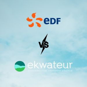 le logo EDF en combat avec le logo ekWateur sur un ciel bleu avec un léger voil nuageux